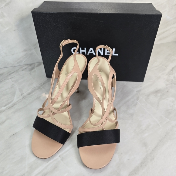Chanel Tan and Black Strappy Heels - Picture 1 of 8